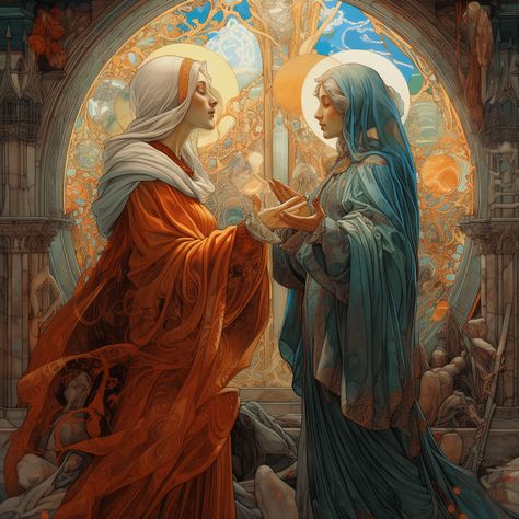 Visitation Mary And Elizabeth, The Visitation Of Mary To Elizabeth, Mary Visits Elizabeth, Joyful Mysteries, Rosary Mysteries, The Visitation, Blessed Mother Statue, Bible Artwork, Saint Elizabeth