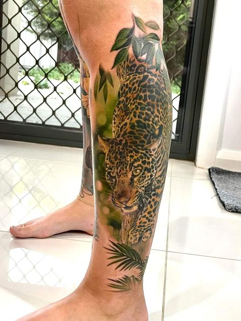 Leopard Tattoo Color, Jungle Theme Tattoo Sleeve For Women, Leopard Leg Tattoo, Smooth Hammerhead, Leopard Tattoo Ideas, Leopard Print Tattoos, Meaningful Tattoos For Men, Japanese Leg Tattoo, Arm Tattoos For Guys Forearm