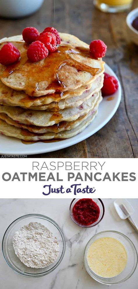 These fluffy oatmeal pancakes are packed with whole grains and fresh fruit. Plus, they’re freezer-friendly for the ultimate quick-fix breakfast on busy mornings. #justatasterecipes Fluffy Oatmeal Pancakes, Fluffy Oatmeal, Raspberry Pancakes, Oatmeal Pancakes Recipe, Raspberry Oatmeal, Freeze Pancakes, Fruit Plus, Fruit Pancakes, Healthy Oatmeal Breakfast