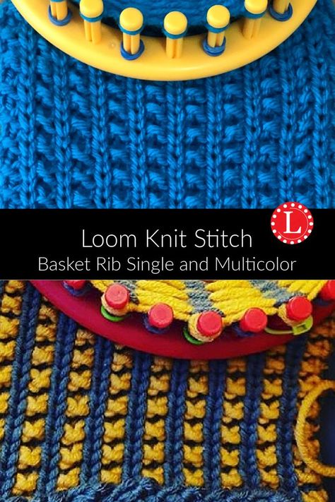 The loom knit basket rib stitch fabric swatch on a knitting loom in blue and in yellow and blue yarn Loom Knitting Patterns Free, Loom Knitting Scarf, Loom Knitting For Beginners, Round Loom Knitting, Circle Loom, Loom Hats, Loom Yarn, Circular Loom, Loom Knitting Stitches