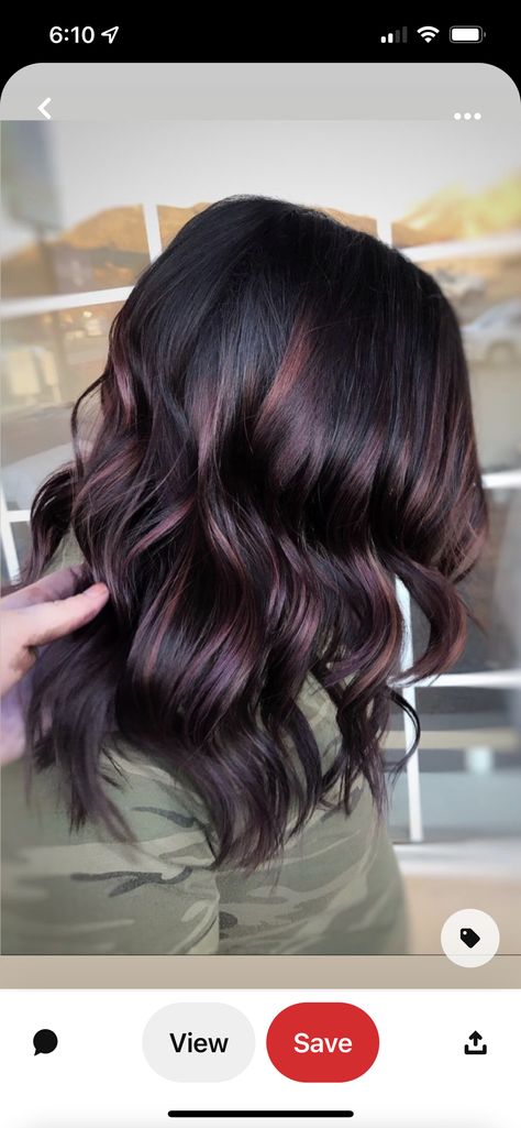 Fun Highlights For Dark Hair, Dark Brown Hair With Fun Highlights, Winter Hair Trends 2022 Brunette, Maroon Brown Balayage, Dark Brown With Maroon Highlights, Black Burgundy Balayage, Dark Hair With Plum Highlights, Maroon Bayalage Hair, Dark Hair With Maroon Highlights