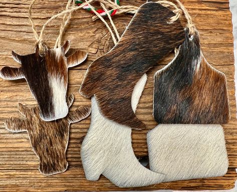 Cowhide Ornaments, Western Christmas Tree Ornaments, Western Christmas Decor, Southwestern Christmas Ornaments, Cowhide Christmas, Leather Ornaments, Western Christmas Tree, Cattle Tags, Cow Tag