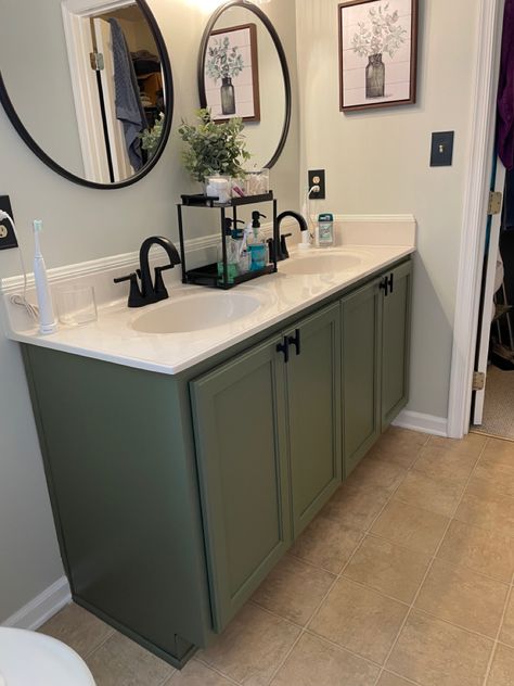 Green Cabinets Bathroom, Light Green Bathrooms, Charcoal Bathroom, Grey Bathroom Floor, Beige Floor Tile, Bathroom Cabinet Colors, Bathroom Cabinet Makeover, Green Bathroom Vanity, Dark Green Bathrooms