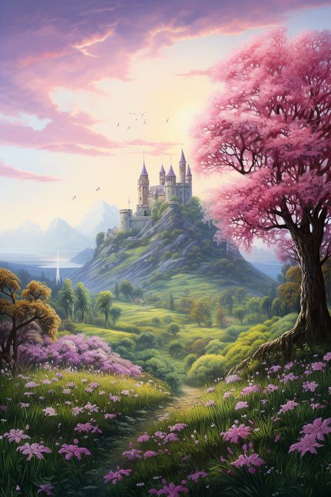 A digital background featuring a magical castle surrounded by a field of wild flowers and trees covered in pink blossoms.  This digital backdrop is perfect for whimsical fantasy composite images.  - - - - - - - - - - - - - - - - - - - - PREMIUM QUALITY: We use only the highest quality images to hand make our digital photography backgrounds and they create beautiful portraits and fine art photography.  FULL LIFETIME WARRANTY: We believe in our product so much that we've included a complete 100% s Castle Landscape Painting, Fantasy Background Art, Pink Fantasy Background, Fantasy Art Background, Ethereal Castle, Fairy Tale Background, Fairytale Background, Flower Castle, Magical Background