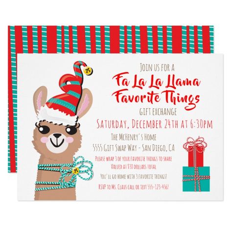 Favorite Things Gift Exchange, My Favorite Things Party, Christmas Invites, Invitation Card Maker, Llama Christmas, Summer Party Invitations, Retirement Party Invitations, Swap Gifts, Christmas Gift Exchange