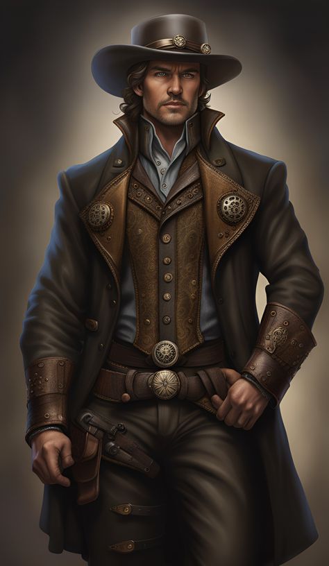 Dnd Gunslinger Art, Fantasy Gunslinger, Cowboy Wizard, Cowboy Character Design Male, Steampunk Samurai, Steampunk Pictures, Steampunk Cowboy, Steampunk Western, Mens Pictures