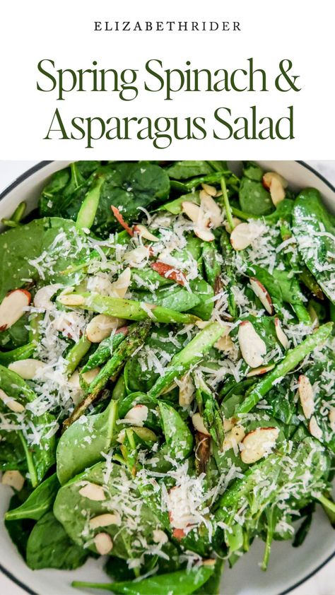 This delicious Spinach & Asparagus Salad is incredibly simple to prepare. Sauté asparagus pieces until the edges are golden, then toss them with spinach, almonds, Parmesan, lemon juice and olive oil. It’s perfect for a quick lunch or a healthy side dish at dinner. Top with roasted chicken or salmon to make turn it into a main dish you'll love. This recipe makes 4 large or 8 side servings. Scale as needed. Sauté Asparagus, Asparagus Salad Recipes, Spinach Side Dish, Saute Asparagus, Parmesan Salad, Feta Salad Recipe, Lemon Salad, Green Salad Recipes, Healthy Side Dish