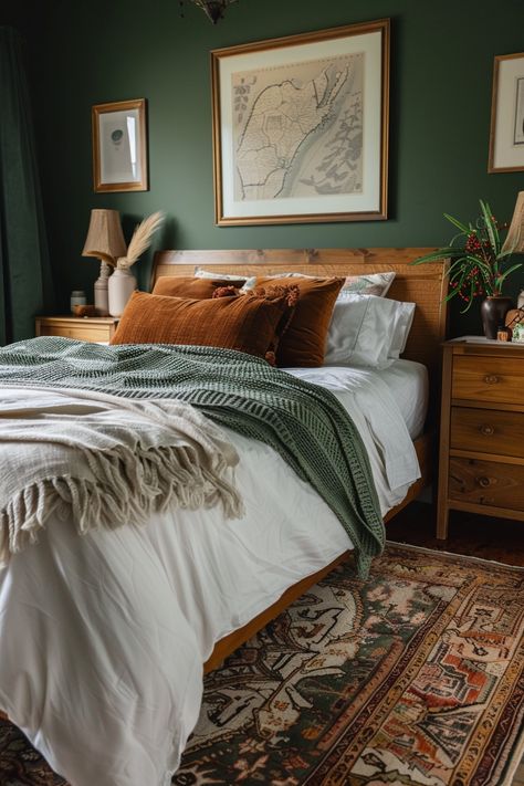 Cozy sage green bedroom featuring sage green walls, wooden furniture, and earth-toned accents, perfect for green bedroom decor inspiration. Green And Orange Bedroom, Arizona Apartment, Pnw Cabin, Goodnight Sweetheart, Eclectic Inspiration, 2024 Bedroom, Green Bedroom Decor, Earthy Bedroom, Sage Green Bedroom