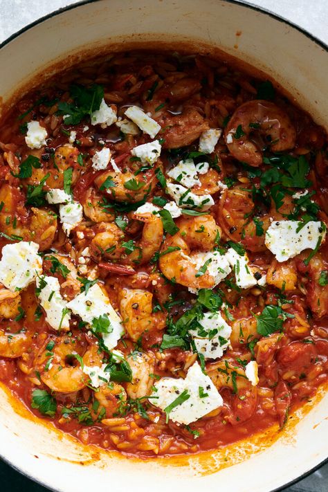 One-Pot Orzo With Shrimp, Tomato and Feta Recipe - NYT Cooking Orzo Shrimp, Orzo With Shrimp, Shrimp Saganaki, Greek Appetizer, One Pot Orzo, Shrimp Tomato, Greek Shrimp, Shrimp Orzo, Tomato And Feta