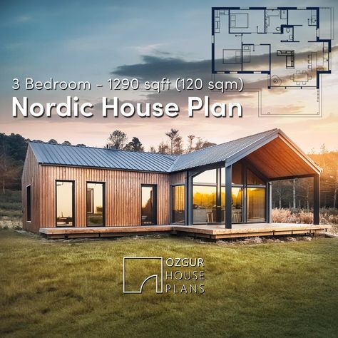 3 Bedroom Scandinavian House, Eco Friendly Floor Plans, Small House Floor Plans 3 Bedroom Layout, 3 Bedroom Modern Bungalow House Plans, Nordic House Design Exterior, Nordic Tiny House, Scandinavian Floor Plans, Modern Nordic House, Nordic House Plans