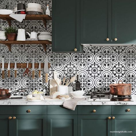 home painting Home Decor Kitchen Painted Kitchen Cabinets Colors Patterned Kitchen Tiles Kitchen Tile Stencil, Painting Kitchen Cabinets, Green Kitchen, Kitchen Tiles, Tile Backsplash, Tile Design, Home Decor Kitchen, Dream Kitchen, Kitchen Renovation