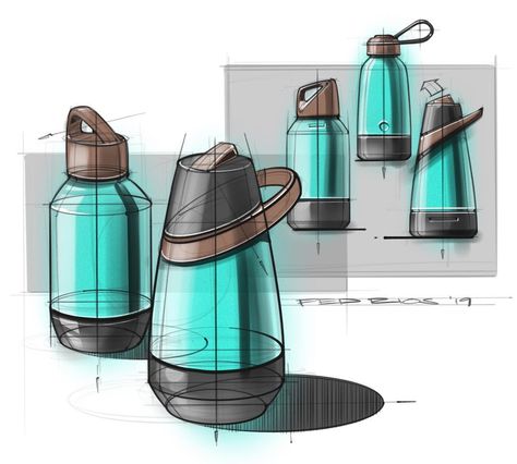 Fed Rios on Instagram: “Ellipses are crucial to product design sketching. They are integral to the construction of cylindrical products in perspective. This is one…” Water Bottle Sketch Industrial Design, Rendered Product Sketches, Product Concept Sketch, Cylindrical Objects Sketches, Alcohol Marker Product Sketch, Marker Rendering Product, Product Design Sketch Concept, Objects In Perspective, Cylindrical Objects