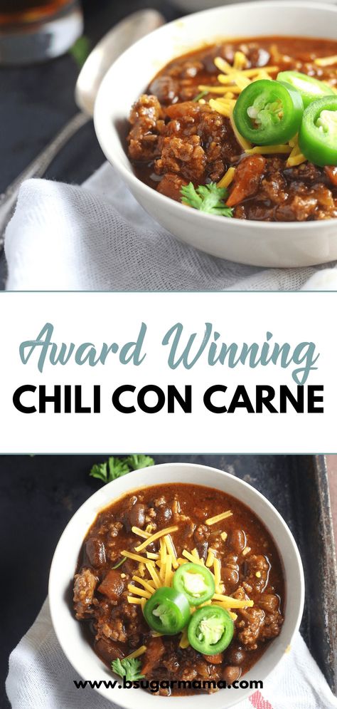 This Award-Winning Chili Con Carne recipe is filled with beef, sausage, bacon, peppers, and plenty of spices! You won't believe the flavor, and how filling and satisfying this chili recipe is! This is perfect served with buttery cornbread and top off with your favorite toppings such as shredded cheese, sour cream, crushed tortilla chips, and sliced jalapeno pepper. #chili #chilirecipes Sliced Jalapeno, Best Slow Cooker Chili, Buttery Cornbread, Chili Con Carne Recipe, Award Winning Chili, Carne Recipe, Warm Soup Recipes, Con Carne Recipe, Chili Chili