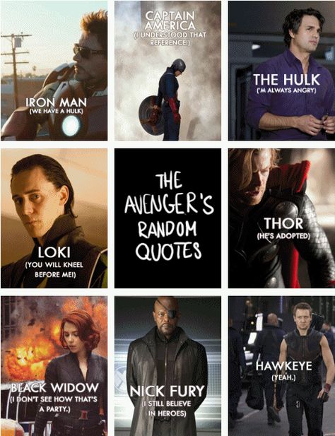 Avengers random quotes. Haha! Hawkeye and Black Widow! Iconic Marvel Quotes Funny, Original Avengers, 5 Guys, Superhero Quotes, Secret Invasion, Loki Quotes, We Have A Hulk, Avengers Quotes, Iconic Quotes