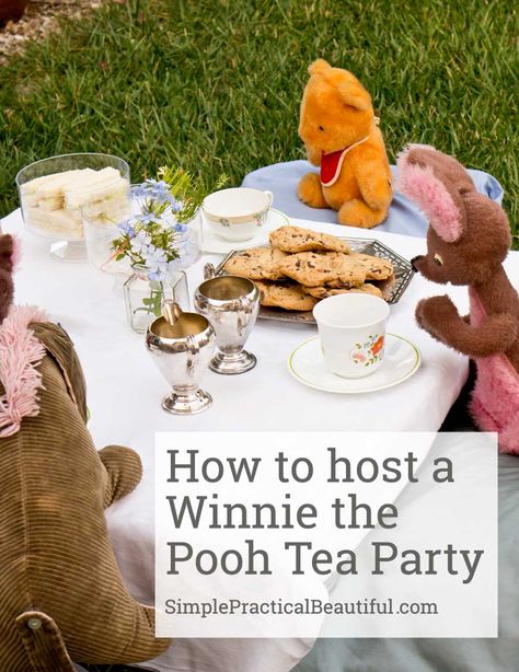 Have a Winnie the Pooh tea party with your favorite stuffed animals and then watch the Christopher Robin movie. A fun idea to get kids outside when they are stuck at home Winnie The Pooh Birthday Party Activities, Winnie The Pooh Birthday Activities, Teatime Discipleship, Pooh Tea Party, Winnie The Pooh Tea Party, Woods Party, Homeschool Literature, Story Themes, Winnie The Pooh Birthday Party