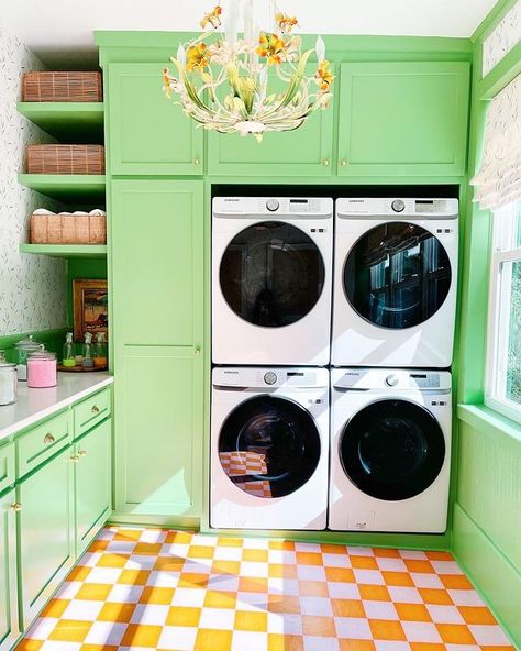 Gray Benko | Sharing the spaces from last Sunday’s episode of our @magnolianetwork show, Happy to Be Home With the Benkos. We had so much fun working… | Instagram Happy Laundry Room, Gray Benko, Mirth Studio, Laundry Room Colors, White Laundry Rooms, Green Laundry, Floor Decals, Green Companies, White Laundry