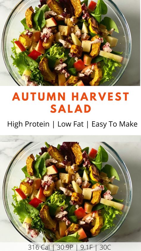 Macro Friendly Fall Dinner Recipes, Macro Friendly Salad Recipes, Fall Macro Friendly Recipes, Macro Friendly Thanksgiving Recipes, Macro Friendly Fall Recipes, Macro Friendly Salads, Air Fried Squash, Autumn Harvest Salad, Harvest Salad Recipes