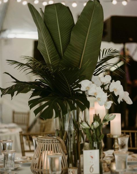 Venue Party Decorations, Tropical Theme Engagement Party, Wedding Tropical Centerpieces, Wedding Decor Plants, Tropical Wedding Decor Ideas, Wedding Florals Tropical, Hawaiian Wedding Centerpieces, Tropical Florals Wedding, Tropical Wedding Flower Arrangements