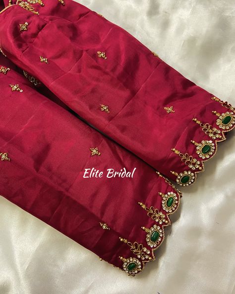 Customised Beautiful Elegant Aari Work By Elite Bridal ❤️‍🔥 Gold Work Blouse Designs, Coin Work Blouse Designs Bridal, Wedding Aari Work Blouse Designs, Hand Aari Work Design, Sleeve Aari Work Design, Green Blouse Maggam Work Designs, Aari Work Hand Design, Kasumalai Designs, Simple Aari Blouse