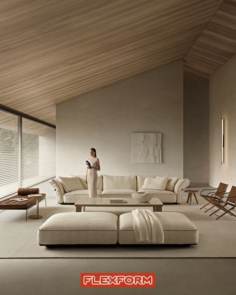 In the palpable warmth of this room, the Camelot sofa dialogs harmoniously with the ottomans, chaise longe, armchairs and coffee tables, evoking the idea of a new unpretentious modernity in interior design. An opening to authentic self-expression. Forrest Interior, Flexform Sofa, Antonio Citterio, Forest View, Design Del Prodotto, Milan Design Week, Vaulted Ceiling, Sit Back And Relax, 가을 패션