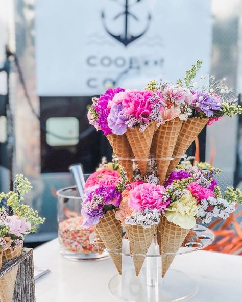 Nicole Troncone on Instagram: “National Ice Cream Day Fun! 🌸🍦 @n.t._designs @cooperbluff @elitetentpartyrental @three.feathers #florist #customdesigner #inthedetails…” Ice Cream Cone Flowers, Flowers In Ice Cream Cones, Ice Cream Sundae Flower Arrangement, Flower Ice Cream Cone, Elegant Ice Cream Party, Ice Cream Dessert Table, Ice Cream Cone Flower Arrangements, Ice Cream Floral Arrangement, Shes Been Scooped Up Centerpieces