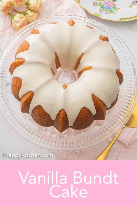 This Vanilla Bundt Cake is so easy to make and is bursting with vanilla flavor. It’s a moist, fluffy cake made with basic kitchen staples. Baked to golden perfection and topped with a simple vanilla glaze, you’ll be reaching for a second slice before you even finish your first! #bundtcake #cakerecipes #vanillacake Glaze For Bundt Cake, Vanilla Bundt Cake Recipes, Bundt Cake Glaze, Vanilla Bundt Cake, Cake Glaze, Homemade Vanilla Cake, Easy Vanilla Cake, Easy Bundt Cake, Glaze For Cake