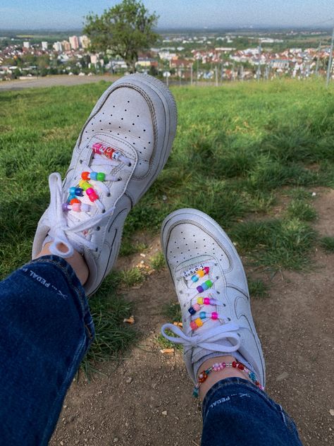 Airforce 1 lace with pearls and beats #lace #airforce1 #nike #pearls #colorful #aesthetic #fun #young #vintage Shoes With Beads On Laces, Beaded Laces On Shoes, Beads On Shoes, Air Force 1 Aesthetic, Lace With Pearls, Rave Babe, Custom Af1, Custom Shoes Diy, Beaded Shoes