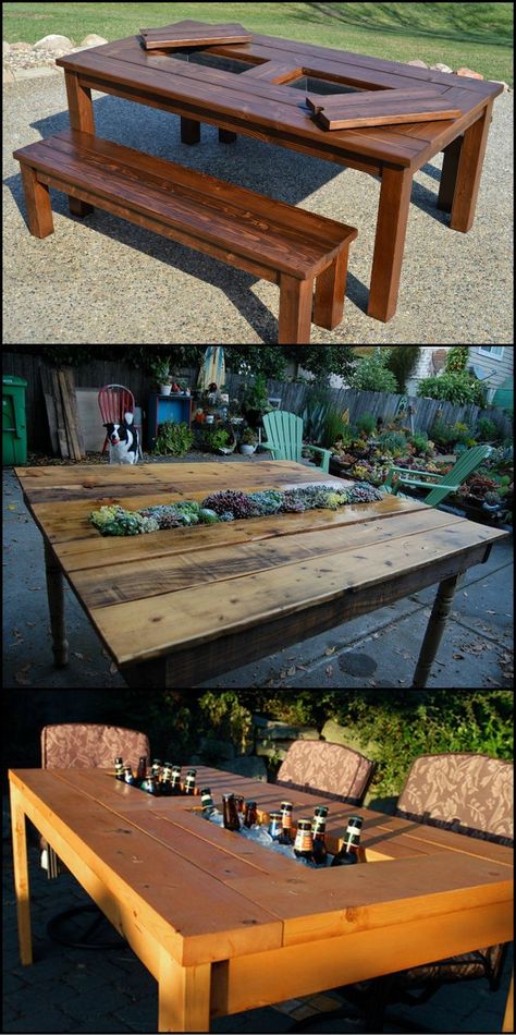 Why settle for a single function outdoor table, when you can have these tables with built-in cooler/planter.  The built-in cooler keeps your drinks and food chilled. You can now stay with the party rather than running to the fridge all the time. And when the built-in cooler is not in use it can be turned into a planter for a living centrepiece. Planter Table Outdoor, Outdoor Table With Cooler, Succulent Table, Repurposed Wood Projects, Cooler Table, Diy Garden Table, Drinks And Food, Diy Outdoor Table, Simple Wall Decor