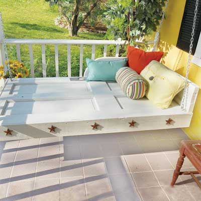 Door becomes porch swing | Photo: Kodie Ketchbaw | thisoldhouse.com | from Best Reader Reuse Ideas 2010 Diy Patio Ideas, Salvaged Door, Hanging Daybed, Recycled Door, Salvaged Doors, Diy Swing, Porch Swing Bed, Doors Repurposed, This Old House