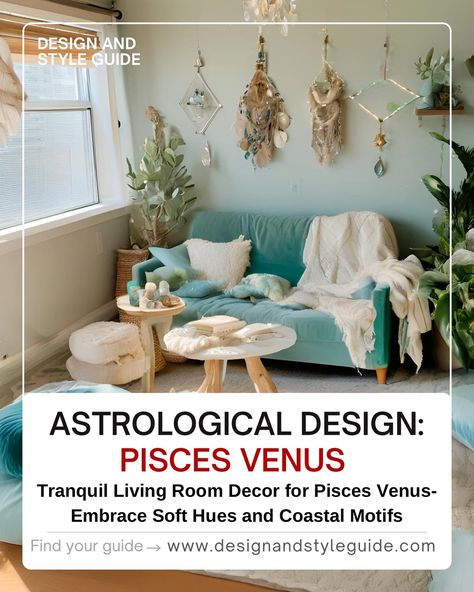 Dive into a world of tranquility and enchantment with a Pisces Venus-inspired living room! 🌊✨ Embrace dreamy hues, soft textures, and mystical accents to create a space that is both serene and magical. Think cozy nooks, oceanic motifs, and ethereal lighting that reflect your love for beauty and imagination. Ready to create your own sanctuary? Explore the full guide through the link in our bio! 🏡🌙 #TranquilLiving #ZodiacStyle #LivingRoomInspo #DesignandStyleGuide #AstrologicalDesign #PiscesVe... Ethereal Lighting, Rising Signs, Cozy Nooks, Cozy Nook, Inspired Living, Living Room Inspo, The Cosmos, Sun Moon, Style Guide