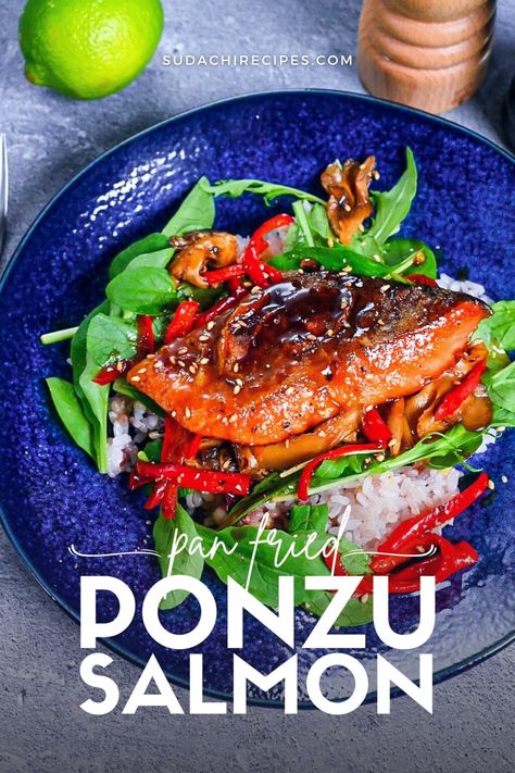 Ponzu Salmon (Pan Fried) - Sudachi Recipes Ponzu Salmon, Ponzu Recipe, Chef Taro, Crunchy Vegetables, Cod Fish Recipes, Japanese Dinner, Recipes Restaurant, Pan Fried Salmon, Fluffy Rice