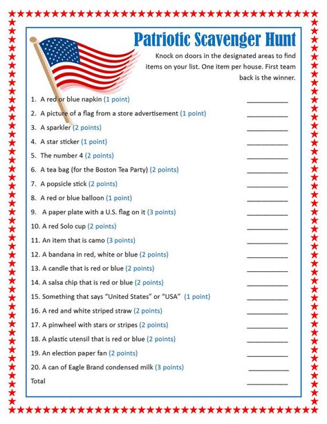 Patriotic Door to Door Scavenger Hunt - Printable Game - 4th of July, Memorial Day, President's Day, America, United States, Family Friendly Table Games For Adults, Outdoor Games Adults, Memorial Day Activities, 4th Of July Games, Scavenger Hunt Birthday, Fourth Of July Party, 4th Of July Ideas, Fourth Of July Decor, Games For Adults