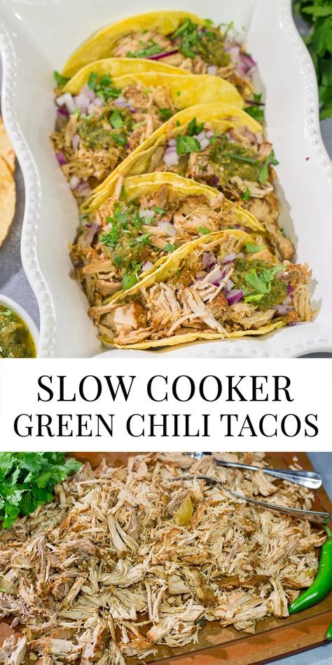 Looking for a good taco recipe? These Slow Cooker Green Chili Tacos are packed with flavor - and they're a real crowd pleaser! Chile Verde Tacos, Green Chile Pork Tacos, Green Chili Pulled Pork Crockpot, Slow Cooker Green Chili Pork, Crockpot Green Chili Chicken Tacos, Green Chili Burritos Crock Pot, Fire Roasted Green Chili Recipes, Recipes With Roasted Green Chilis, Green Chili Chicken Slow Cooker