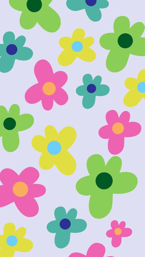 Flower Phone wallpaper, retro flowers/70s flower vibe, lavendar background, green, pink, yellow, turquoise flowers. Floral background/wallpaper Groovy Flowers Background, 70s Flower Painting, Funky Flower Wallpaper, Retro Flowers Aesthetic, Indie Flower Wallpaper, 70s Flower Pattern Retro Wallpaper, Simple Retro Wallpaper, 70s Phone Wallpaper, 70s Flower Wallpaper