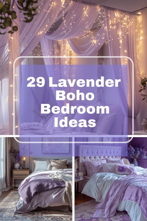 Transform your bedroom into a calming retreat with these 29 lavender boho ideas! Soft lavender tones, natural textures, and boho accents create a dreamy, relaxing vibe perfect for unwinding. #BohoBedroom #LavenderVibes #CalmingSpaces Lavender Bedroom Ideas For Women, Bedroom Ideas Lavender, Neverland Bedroom, Purple Green Bedroom, Lavender Boho Bedroom, Lavender Room Aesthetic, Purple Bohemian Bedroom, Purple Boho Bedroom, Purple And Green Bedroom