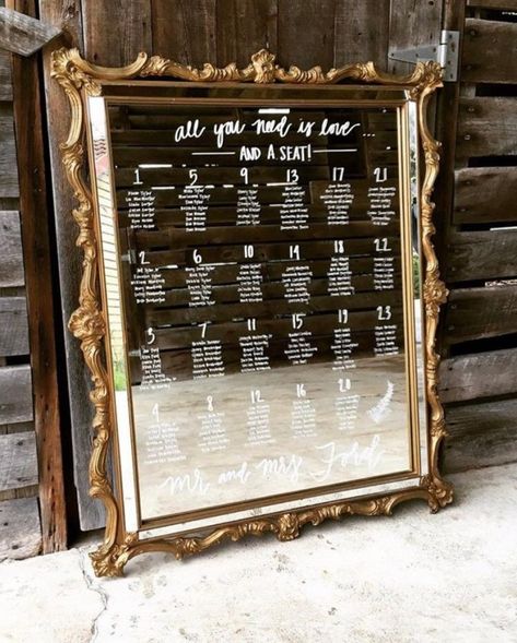 Seating Chart vs Escort Cards: What's the Difference? | Emmaline Bride Mirror Seating Chart, Wedding Window, Table Seating Chart, Wedding Table Seating, Table Assignments, Wedding Mirror, Ornate Mirror, Wedding Table Plan, Antique Wedding