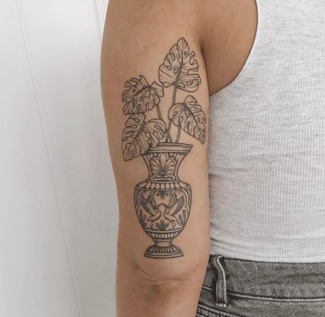 Vase With Monstera Tattoo, Vase Design Tattoo, Vase Calf Tattoo, Vase Tatoos, Mexican Vase Tattoo, Fine Detail Tattoo, Pot Tattoo Ideas, Vase Leg Tattoo, Plant In Vase Tattoo