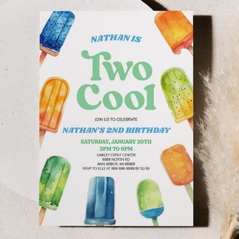 Blue Green Two Cool Popsicle 2nd Birthday Party Invitation Two Cool Summer Birthday Party, Two Cool Pool Party, 2nd Birthday Boy Themes Summer, Boys 2nd Birthday Party Ideas, Two Cool Birthday Party Boy, Two Cool Birthday, Popsicle Party, Boys Birthday Party Ideas, 2nd Birthday Party For Boys