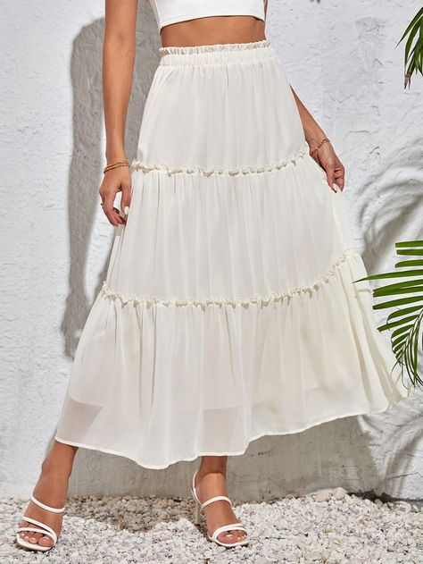 White Casual Collar  Woven Fabric Plain Layered/Tiered Embellished Non-Stretch  Women Clothing Style Maxi Skirt, Flowy Maxi Skirt, Concert Fit, Maxi Skirt Style, Ruffle Hem Skirt, Flowy Maxi Skirts, Peasant Skirt, Women Skirts, Summer White