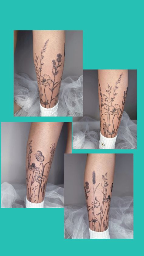 Vine With Flowers Tattoo, Vine With Flowers, Wildflowers Tattoo, Earthy Tattoos, Tattoo Leg, Wildflower Tattoo, Flowers Tattoo, Calf Tattoo, Leg Tattoo