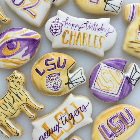 @thegingerbites on Instagram: “GAMEDAY GEAR // #thegingerbites” Lsu Birthday Party, Cookie Inspiration, Birthday Cookies, Grad Party, Grad Parties, Baby Birthday, Kids Birthday Party, Cookie Decorating, Sugar Cookies