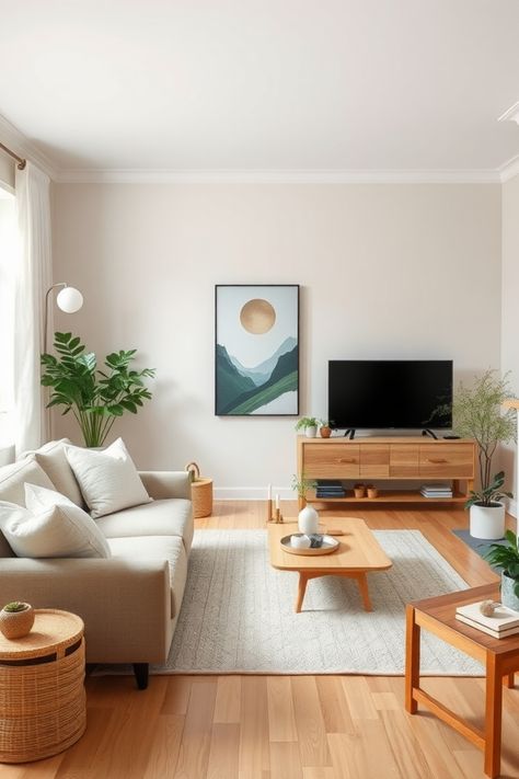 Modern living room with a beige sofa, wooden coffee table, TV on a wooden stand, and a mountain artwork on the wall. Scandinavian Apartment Design, Scandinavian Inspired Living Room, Scandifornian Style Living Room, Modern Japanese House Interior Design Small Spaces, Small Scandi Living Room, Scandi Interior Design Living Room, Minimalist Living Room Designs Small Spaces, Scandi Style Home, Scandinavian Interior With Color