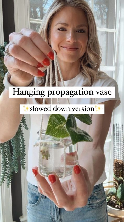 Dana Carpenter | Houseplant care | You won’t believe this…the cutest hanging propagation vase in just seconds! 🌱✨🙌🪴 Last time I posted this video I received many requests fo… | Instagram Plant Propagation Wall Hanging, Diy Hanging Propagation, Glass Beaded Propagation Diy, Diy Propagation Wall Hanging, Propagation Jars Diy, Diy Propagation Station Hanging, Propagation Wall Decor, Hanging Propagation Jars, Easy Propagating Plants