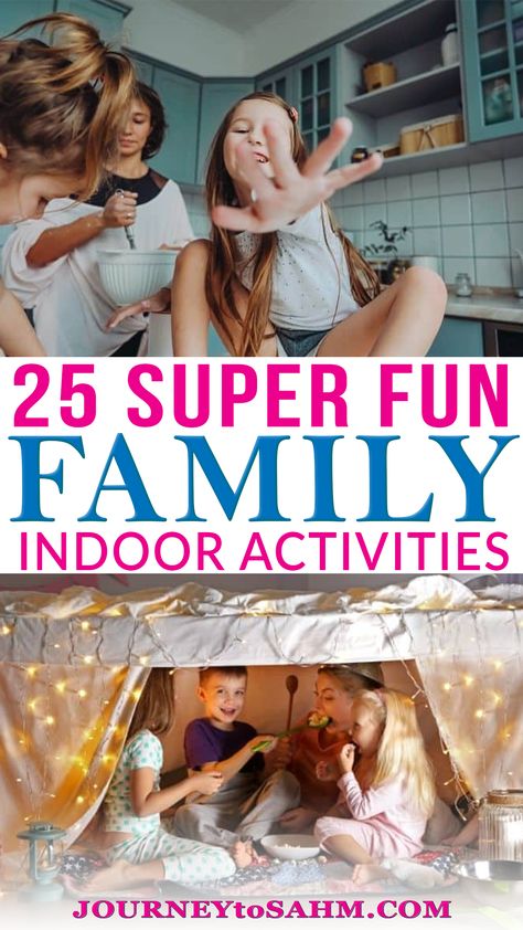 25 Super Fun Activities to Do as a Family at Home! It’s easy to get stuck in a rut when you’re home for weeks on end. Staying inside can be a challenge with young children, that’s why these family activities to do with your kids at home comes in handy. Kids get bored and constantly want something new. Turns out you can put together something easy for them to do to last them hours and spend quality time with the family at the same time. | @journeytoSAHM #inddorfunforkids #familyactivities Activities For Kids At Home 4 Year, Stuck Inside Activities For Kids, Family Home Activities, What To Do With Kids At Home, Friday Night Family Fun At Home, Activities To Do With Kids At Home, Fun Stuff To Do With Kids, Indoor Activities For Kids At Home, Stay At Home Mom Activities