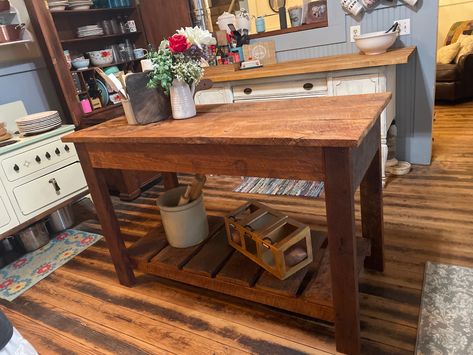 Oklahoma Farmhouse, Lab Table, Farm Work, Retro Cottage, Table Kitchen Island, Wood Island, Farmhouse Kitchen Island, Wood Kitchen Island, Interior Aesthetic