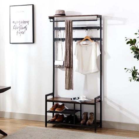 17 Stories 33.8'' Wide Iron Hall Tree with Shoe Storage & Reviews | Wayfair Bench And Shoe Storage, Coat Rack Shoe Bench, Hall Tree With Bench, Coat Rack Bench, Entryway Hall Tree, Tree Coat Rack, Fabric Storage Baskets, Shoe Storage Shelf, Entryway Storage