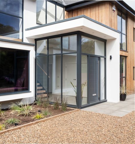 Glass Fronted House, Front Door Extension Entrance, Modern Glass Porch, Glass Entrance Porch, Front Door Extension, Glass Porch Ideas Entrance, Front House Extension, Glass Front Porch, Contemporary Front Porch