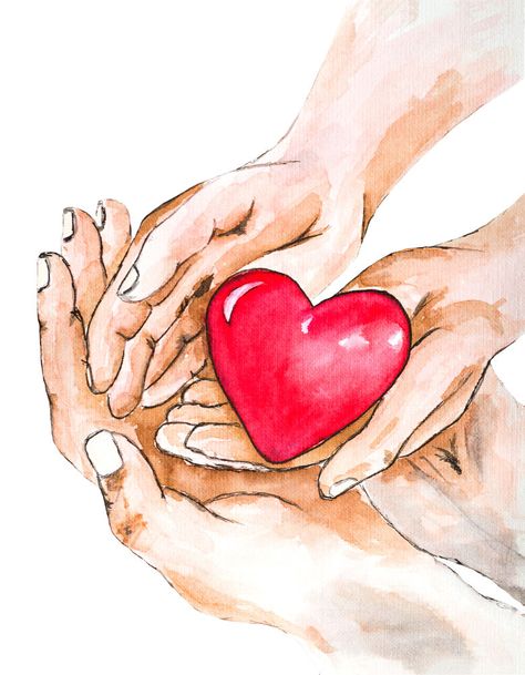 Holding Hands Painting Acrylic, Xmas Artwork, Hands Holding A Heart, Hands Holding Heart, World Heart Day, Heart Artwork, Person Drawing, World Health Day, Heart Hands Drawing