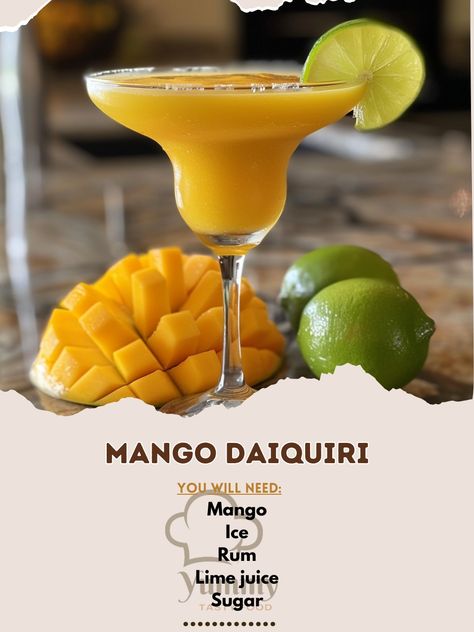 🥭 Exotic Mango Daiquiri, a sip of paradise! #TropicalTaste 🍹 Mango Daiquiri 🛒 Ingredients: Mango: 1, peeled and chopped Ice: 1 cup Rum: 2 oz Lime juice: 1 oz Sugar: 1 tbsp 👩‍🍳 Instructions: Blend: All ingredients until smooth. Serve: Immediately. 🥭 Refresh your senses with this sweet, icy delight. Perfect for any celebration! #DaiquiriDreams Dream Restaurant, Mango Daiquiri, Daiquiri, 2 Ingredients, Lime Juice, 1 Cup, Christmas Party, Rum, Juice