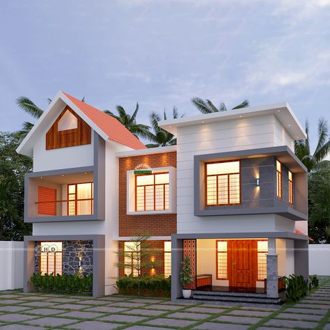 Exterior of a charming 4-bedroom modern house with mixed roof and stylish design. Mixed Roof House Design, Roof House Design, Home Roof Design, Kerala Home, Cozy Interiors, 3d Elevation, Indian Henna, House Balcony, Roof House